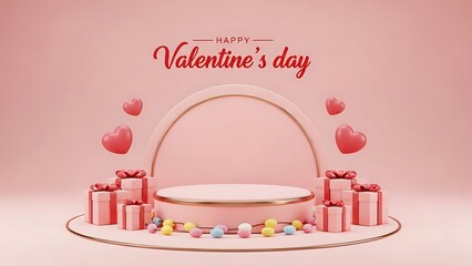 Valentine's day podium stage with hearts and gifts on pink background