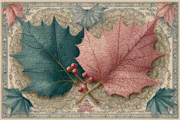Autumn Leaves: Two striking leaves, one teal and the other crimson, intertwine gracefully against an ornate backdrop, hinting at the crispness of autumn.