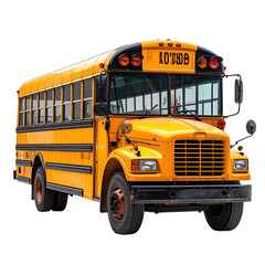 A bright yellow traditional American school bus isolated on a stark black background.