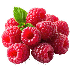 A vibrant cluster of ripe red raspberries with a single green leaf against a solid black background.