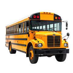 A bright yellow American school bus isolated on a black background.