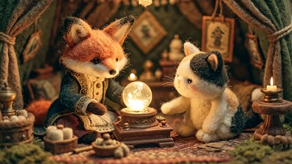 A charming fox and cat plushie duo gaze into a glowing crystal ball, surrounded by mystical decor in a cozy tent setting.