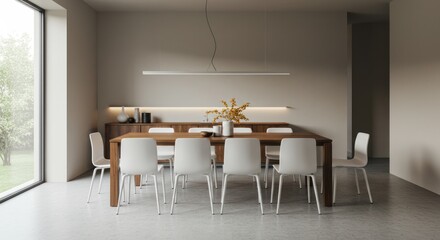 Modern Minimalist Dining Room with Wooden Table and White Chairs in Bright Natural Light