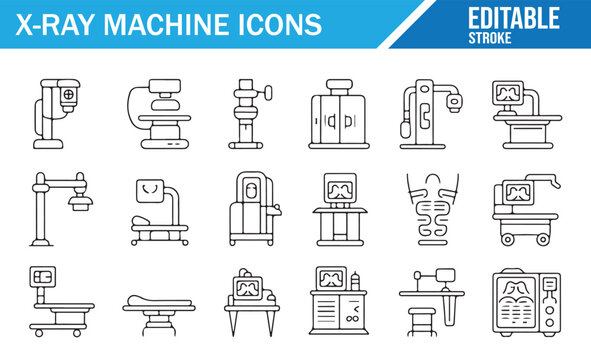 Radiology and x-ray scanner outline icon set, medical technology vector pack