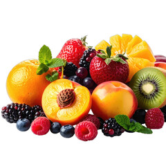 Vibrant assortment of fresh summer fruits arranged against a stark black background.