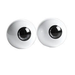 Two glossy white prosthetic eyeballs with dark irises set against a black background.