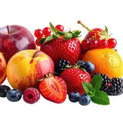 A vibrant arrangement of assorted fresh fruits isolated against a solid black background.