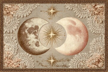 Celestial Harmony: A symbolic illustration depicting the interplay of celestial bodies, featuring crescent moons and stars interwoven within an ornate, vintage-inspired frame.