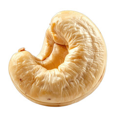 A highly detailed, close-up shot of a single, pale cashew nut against a solid black background.