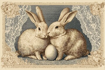 Vintage Easter Bunny Romance: An intimate portrayal of two adorable rabbits, their noses gently touching, surrounded by delicate lace, with a single egg nestled between them.
