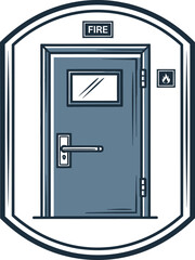 Fire Exit Door: An illustration of a fire exit door, equipped with a handle, window, and emergency signage, ready for use during a fire emergency. 