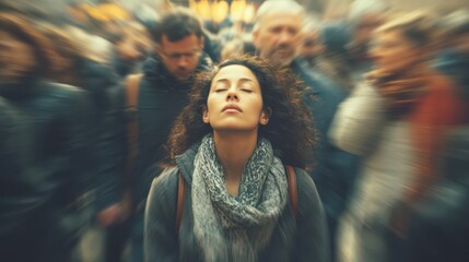 Obraz premium Portrait of Woman Meditating Amidst Blurred City Movement