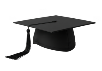 A classic black academic graduation cap with a dangling tassel presented as a solitary object isolated on transparent background