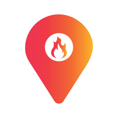Fire location gradient vector icon on white background. Flat pointer sign with flame inside.