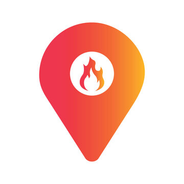 Fire location gradient vector icon on white background. Flat pointer sign with flame inside.