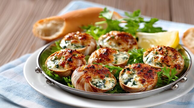 Escargots de Bourgogne preparados con ajo y hierbas en un plato sobre una mesa de madera