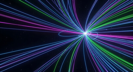 Vibrant neon light trails radiating from a central luminous core, creating a dynamic abstract pattern of speed and energy in a digital cosmic expanse