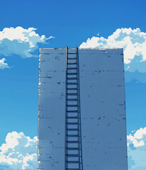 High angle view of a tall metal ladder attached to a massive blue wall stretching upward into a bright blue sky with white clouds.