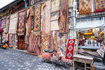 Street View of an Istanbul Bazaar with Handmade Turkish Carpets and Rugs on Display