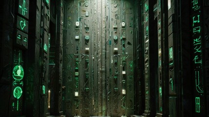 Sci Fi Engraved Rune Marble Plate Wall with Green Stones and Tech Circuit Channels