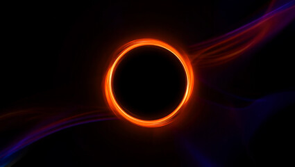 Fiery orange ring encircles black void with swirling purple and red light trails hole