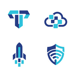 Obraz premium Set of modern abstract technology logos featuring digital icons like a cloud, rocket, and security shield, presented in vibrant blue for innovative branding.