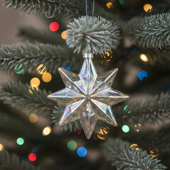 Iridescent Star Ornament on Frosted Christmas Tree