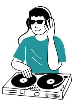 Ilustraci&oacute;n duotono de Hombre Dj. Est&aacute; con su tornamesa y dos discos. Tambien tiene sus audifonos puestos