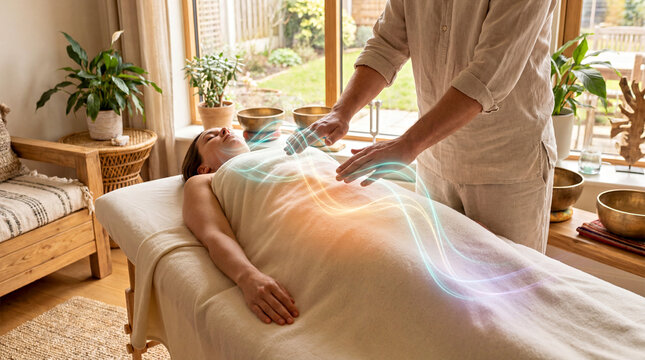 Energy Healing Session: Practitioner Performing Reiki Therapy in Relaxing Spa Environment - Powered by Adobe