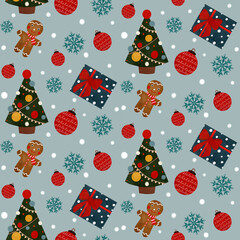 Seamless festive Christmas pattern with winter trees, gingerbread cookies, red ornaments, snowflakes,gift boxes and snow. Cozy holiday design perfect for winter textiles and cheerful seasonal decor