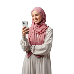 Young muslim woman wearing a pink hijab holding a smartphone isolated on transparent background