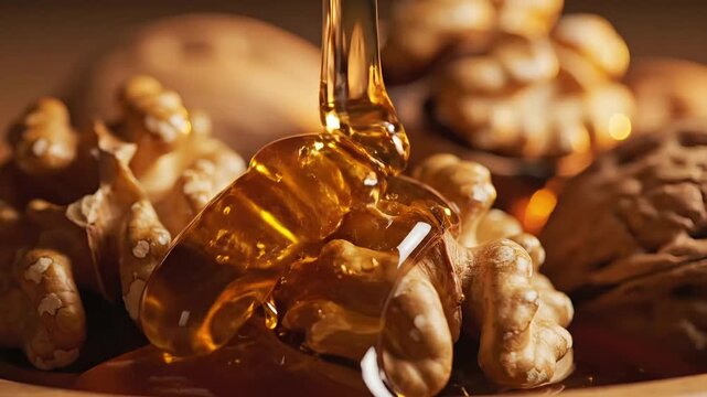 Golden honey slowly drips onto textured walnut halves creating a decadent sweet snack moment