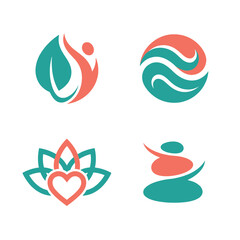 Obraz premium Modern Abstract Vector Logos showcase Wellness, Health, and Nature concepts, featuring Balance stones, Yoga lotus, and Spa elements for a serene, harmonious brand identity.