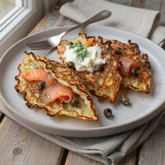Crispy potato lattices topped with smoked salmon, capers and cr&egrave;me fra&icirc;che, garnished with fresh dill on a rustic plate, elegant Nordic-inspired appetizer