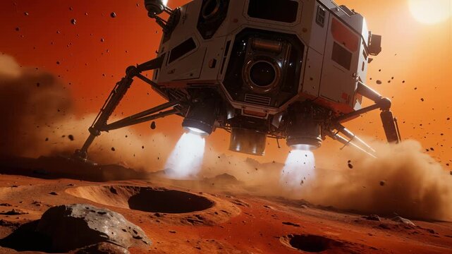 Spacecraft landing module descending on planet Mars with dual thruster engines firing. Orange desert terrain with craters and dust clouds rising beneath hovering craft