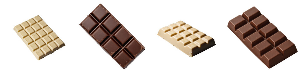 Fototapeta premium Set of assorted milk chocolate pieces with caramel-filled cubes and broken triangular shards on transparent background