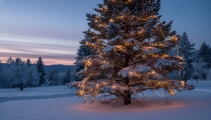 Snowy Pine Tree with Lights at Dusk