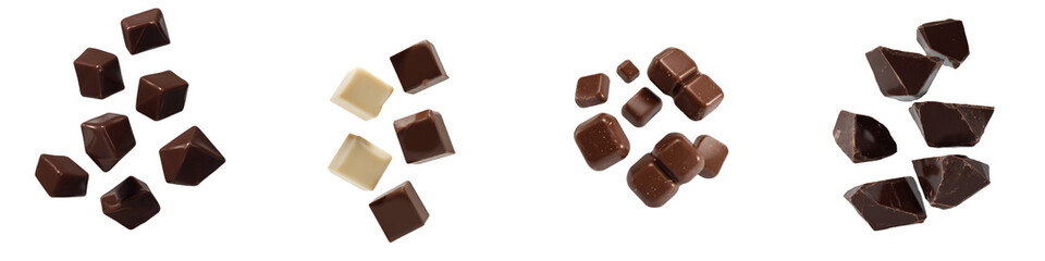 Fototapeta premium Set of assorted milk chocolate pieces with caramel-filled cubes and broken triangular shards on transparent background