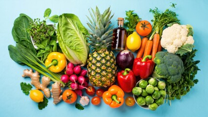 Vibrant assortment of fresh healthy vegetables and fruits on a blue background