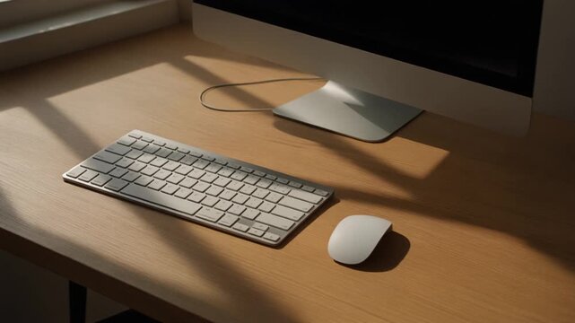 A highangle shot of a computer setup on a wooden desk featuring a sleek monitor a wireless keyboard and a mouse all bathed in natural sunlight.