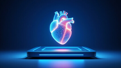Glowing blue and pink wireframe heart hologram floats above futuristic platform neon