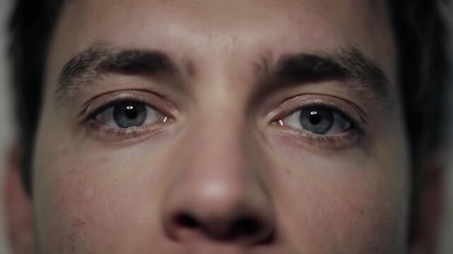 Man with insomnia lying awake in bed, his eyes illuminated by moonlight