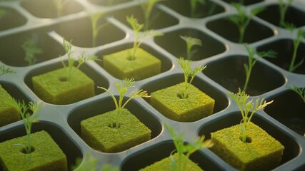 Hydroponic Seedlings Growing in a Tray with Sunlight