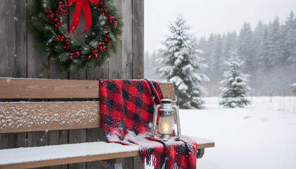 Snowy bench with plaid blanket and Christmas wreath