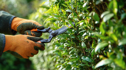 Hands of a gardener trimming a hedge with pruning shears in a vibrant garden scene
