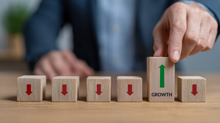 : Businessman showing wooden blocks with red arrows and one green upward arrow symbolizing business growth and recovery concept