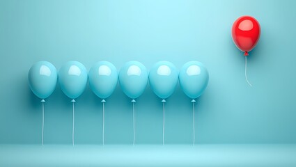 Red balloon standing out among blue balloons
