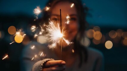 Woman holding sparkler at night with bokeh lights celebration festive joy fireworks