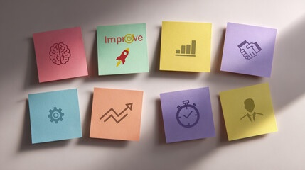Improvement business concept with colorful sticky notes displaying icons of brain, rocket, bar chart, handshake, gear, growth arrow, stopwatch and businessman symbolizing creativity, teamwork, product