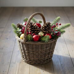 Rustic Christmas Basket on Wooden Floor
